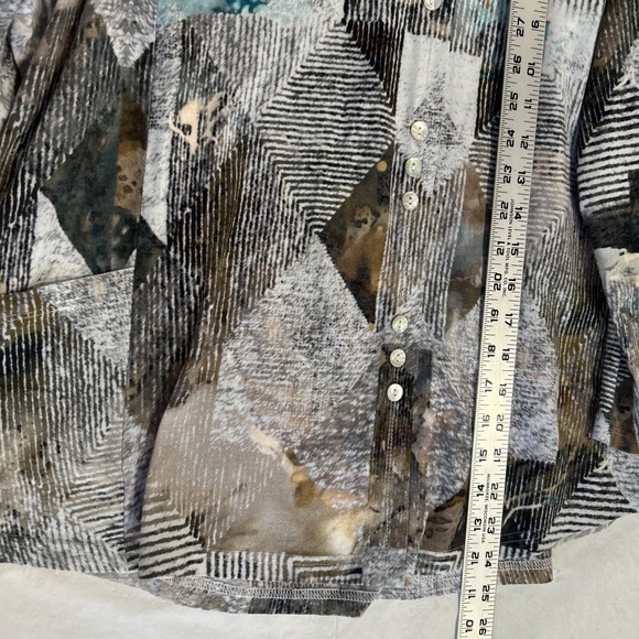 Parsley & Sage Womens Top L Brown Gray Artsy Patchwork Print Asymmetric Casual - Picture 5 of 8